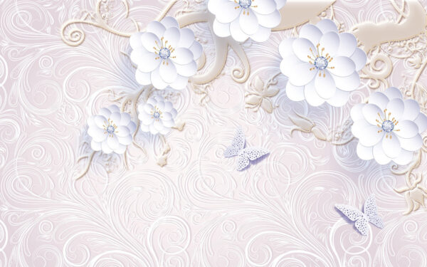 Papier peint avec des fleurs blanches et des papillons Papier peint avec des fleurs blanches et des papillons