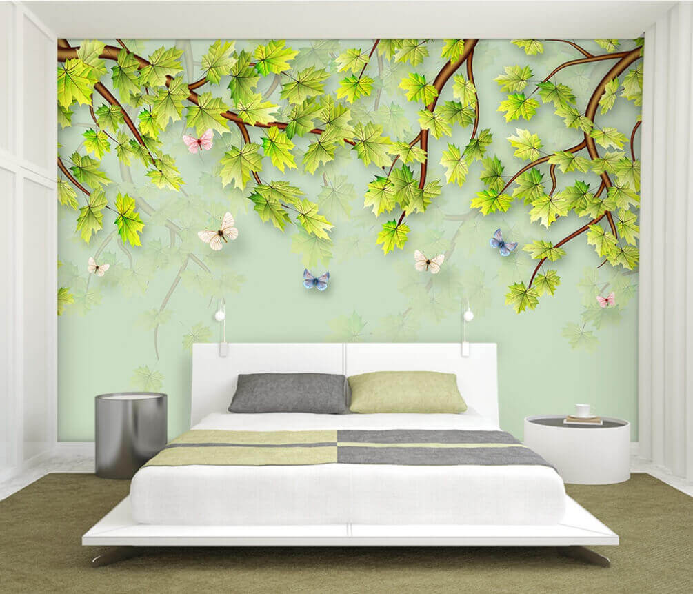 Feuilles vertes et papillons sur fond blanc u38526pib1m - Feuilles vertes et papillons sur fond blanc - tegory