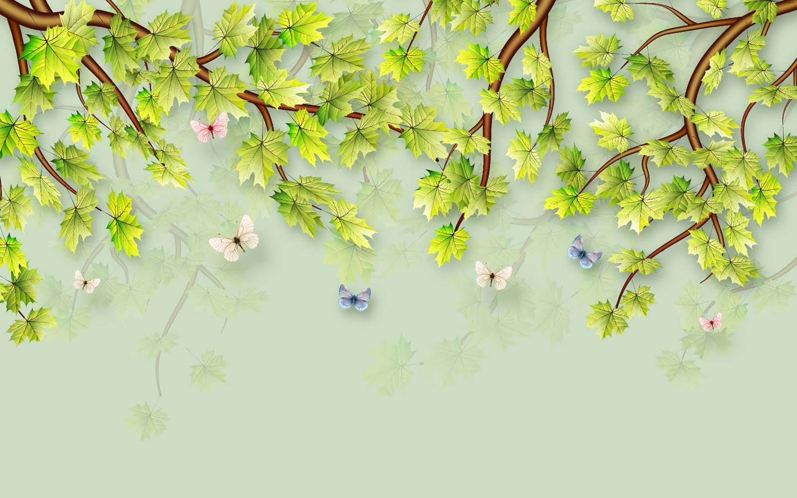 Feuilles vertes et papillons sur fond blanc u38526p - Feuilles vertes et papillons sur fond blanc - tegory