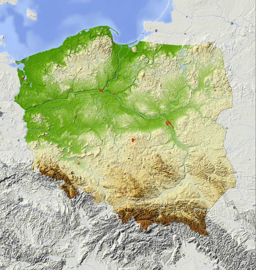 Carte de la Pologne avec les terres et les eaux Carte de la Pologne avec les terres et les eaux