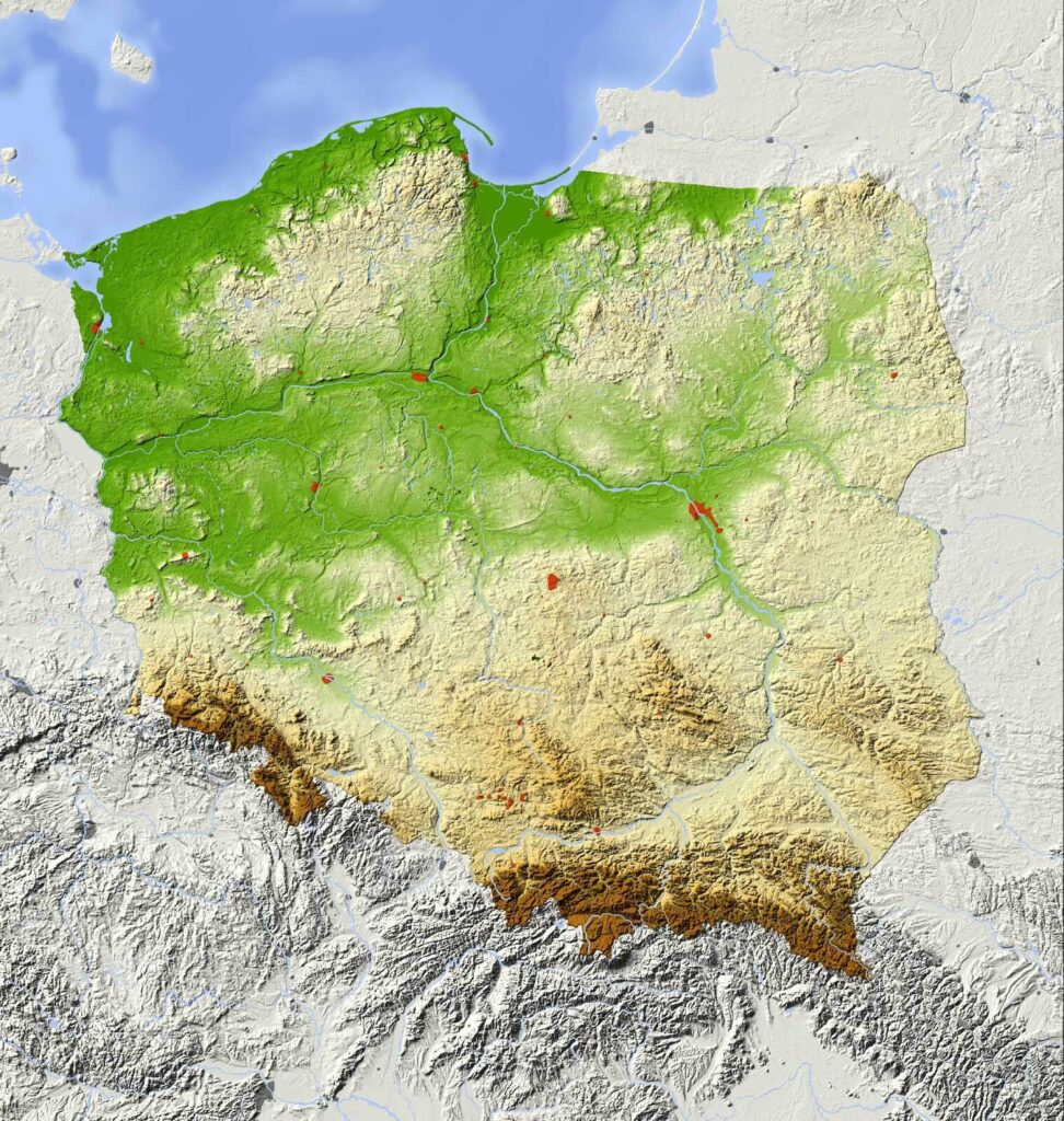 Carte de la Pologne avec les terres et les eaux Carte de la Pologne avec les terres et les eaux