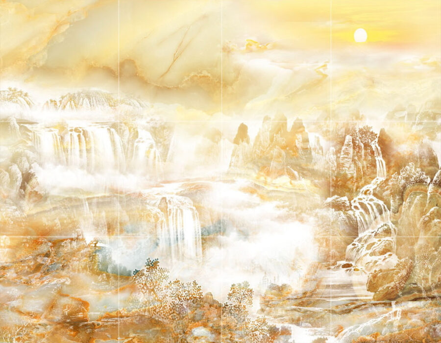 Peinture d'une cascade et de montagnes