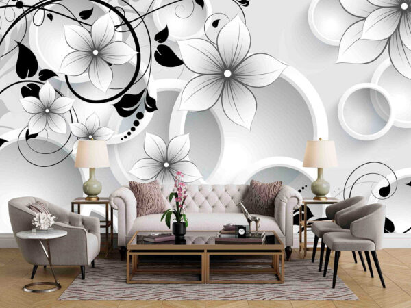 Papier peint avec des fleurs et des cercles Papier peint avec des fleurs et des cercles