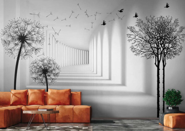 Chambre blanche avec des arbres et des oiseaux qui volent Chambre blanche avec des arbres et des oiseaux qui volent