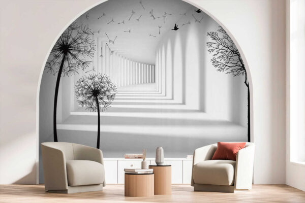 Chambre blanche avec des arbres et des oiseaux qui volent Chambre blanche avec des arbres et des oiseaux qui volent