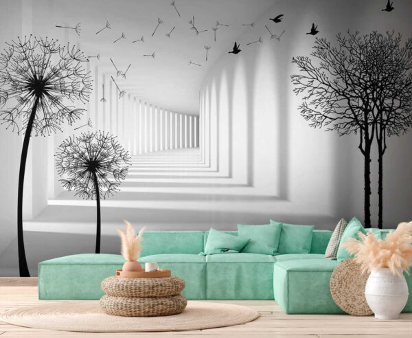 Chambre blanche avec des arbres et des oiseaux qui volent Chambre blanche avec des arbres et des oiseaux qui volent