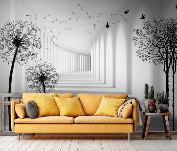 Chambre blanche avec des arbres et des oiseaux qui volent Chambre blanche avec des arbres et des oiseaux qui volent