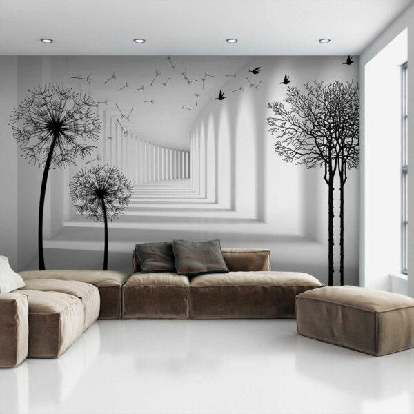 Chambre blanche avec des arbres et des oiseaux qui volent Chambre blanche avec des arbres et des oiseaux qui volent