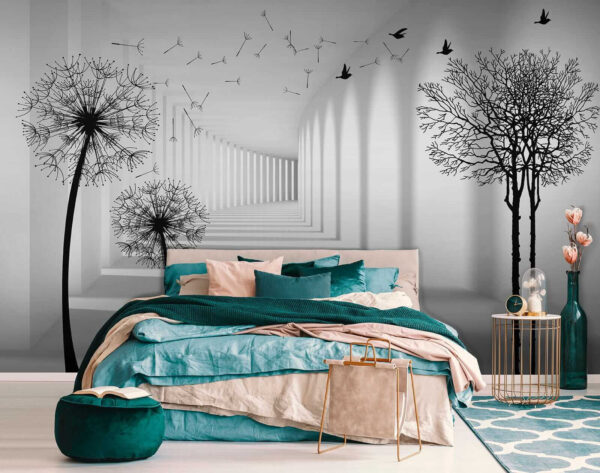 Chambre blanche avec des arbres et des oiseaux qui volent Chambre blanche avec des arbres et des oiseaux qui volent