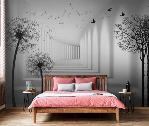 Chambre blanche avec des arbres et des oiseaux qui volent Chambre blanche avec des arbres et des oiseaux qui volent
