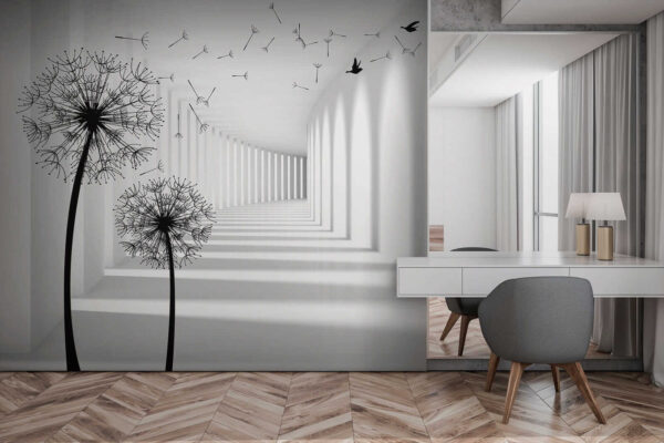 Chambre blanche avec des arbres et des oiseaux qui volent Chambre blanche avec des arbres et des oiseaux qui volent