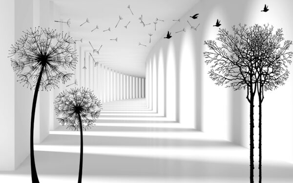 Chambre blanche avec des arbres et des oiseaux qui volent Chambre blanche avec des arbres et des oiseaux qui volent