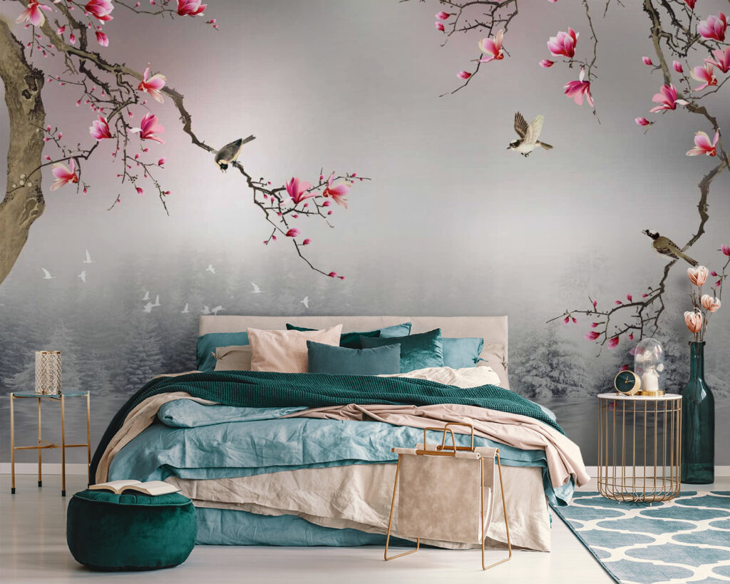 Tree branches with pink flowers and birds flying over water Tree branches with pink flowers and birds flying over water