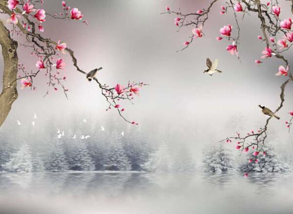 Branches d'arbres avec fleurs roses et oiseaux volant au-dessus de l'eau Branches d'arbres avec fleurs roses et oiseaux volant au-dessus de l'eau
