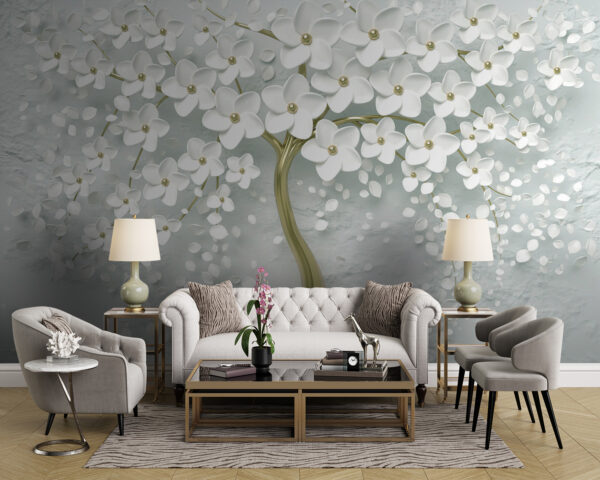 Arbre avec des fleurs et des feuilles blanches Arbre avec des fleurs et des feuilles blanches