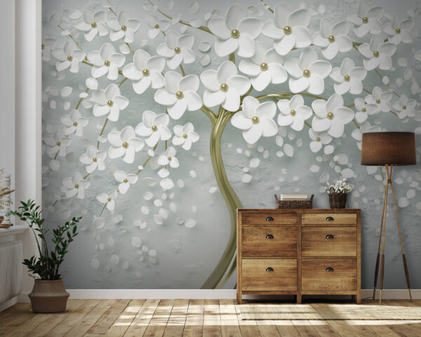 Arbre avec des fleurs et des feuilles blanches Arbre avec des fleurs et des feuilles blanches