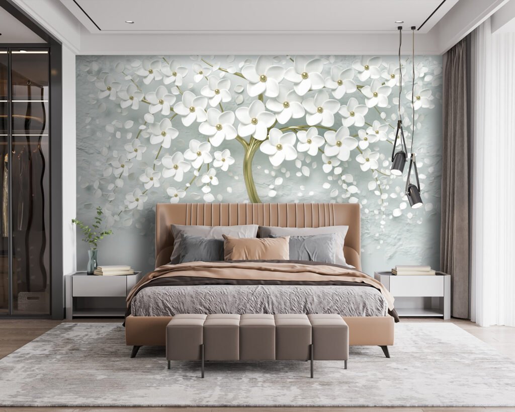 Tree with white flowers on a grey background Tree with white flowers on a grey background