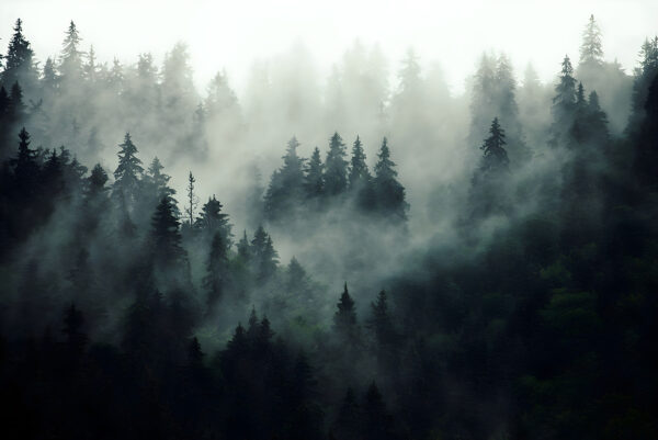 Forêt brumeuse avec des arbres Forêt brumeuse avec des arbres