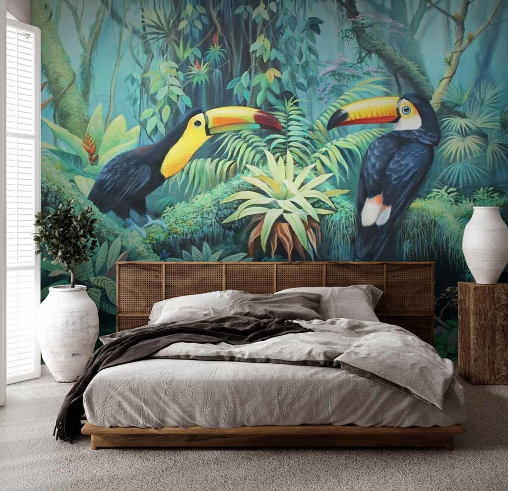 Painting of birds in a forest Painting of birds in a forest