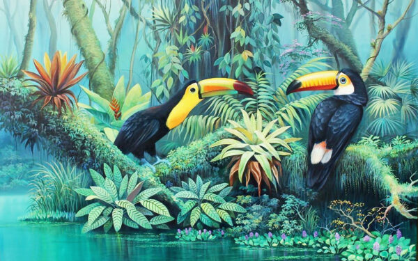 Peinture d'oiseaux dans une forêt Peinture d'oiseaux dans une forêt