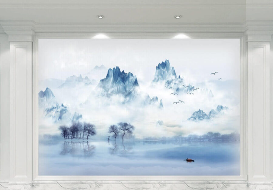 Papier peint Paysage d'un lac avec des arbres et des montagnes en arrière-plan