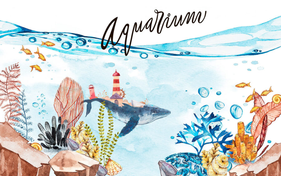Aquarelle d'une baleine et d'un phare