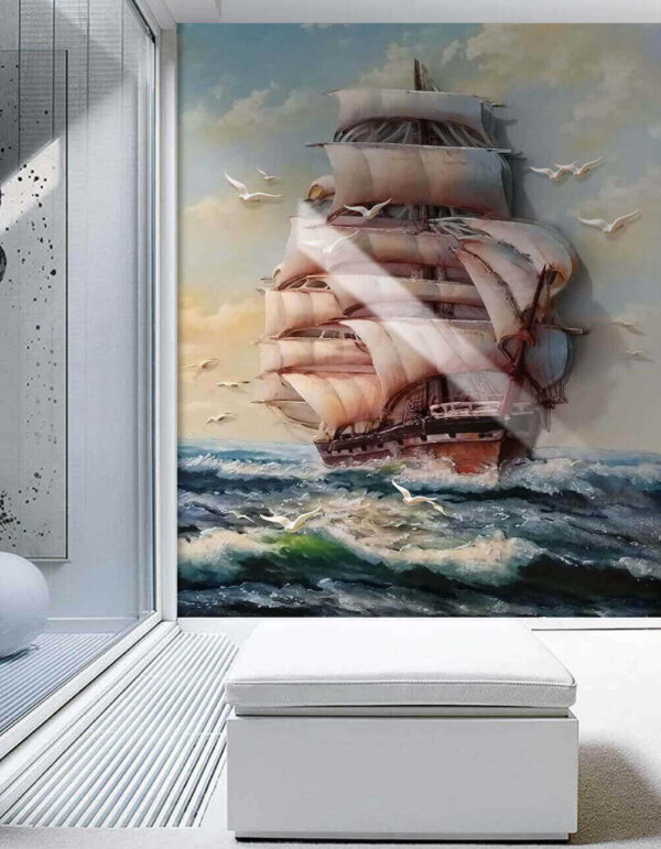 Peinture d'un bateau avec des voiles et des oiseaux qui volent Peinture d'un bateau avec des voiles et des oiseaux qui volent