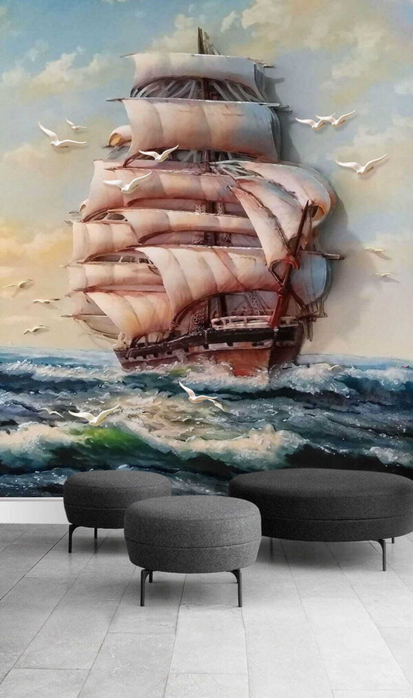 Peinture d'un bateau avec des voiles et des oiseaux qui volent Peinture d'un bateau avec des voiles et des oiseaux qui volent