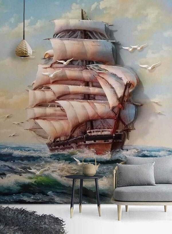 Peinture d'un bateau avec des voiles et des oiseaux qui volent Peinture d'un bateau avec des voiles et des oiseaux qui volent