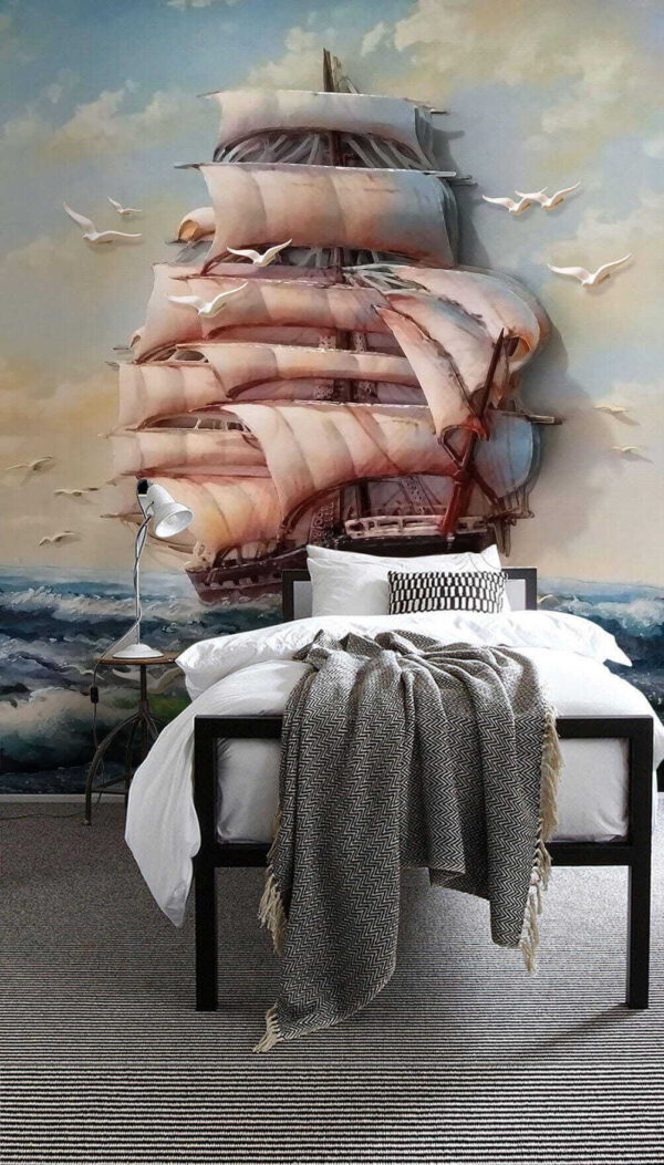 Peinture d'un bateau avec des voiles et des oiseaux qui volent Peinture d'un bateau avec des voiles et des oiseaux qui volent