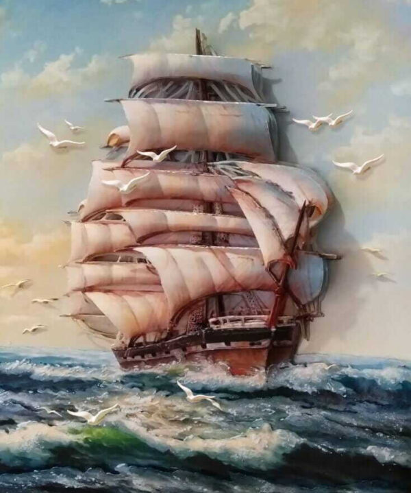 Peinture d'un bateau avec des voiles et des oiseaux qui volent Peinture d'un bateau avec des voiles et des oiseaux qui volent