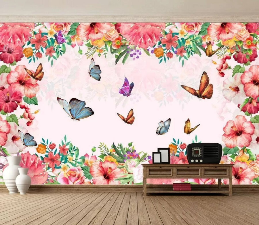 Groupe de papillons et de fleurs