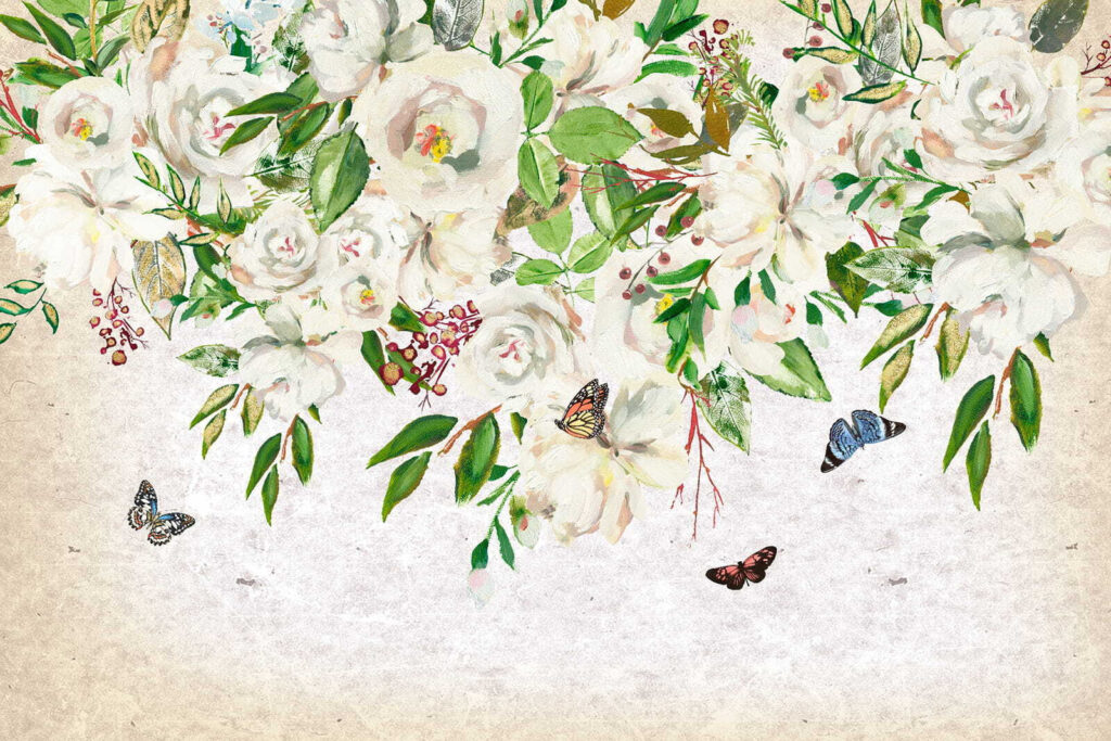 Peinture de fleurs blanches et de papillons Peinture de fleurs blanches et de papillons