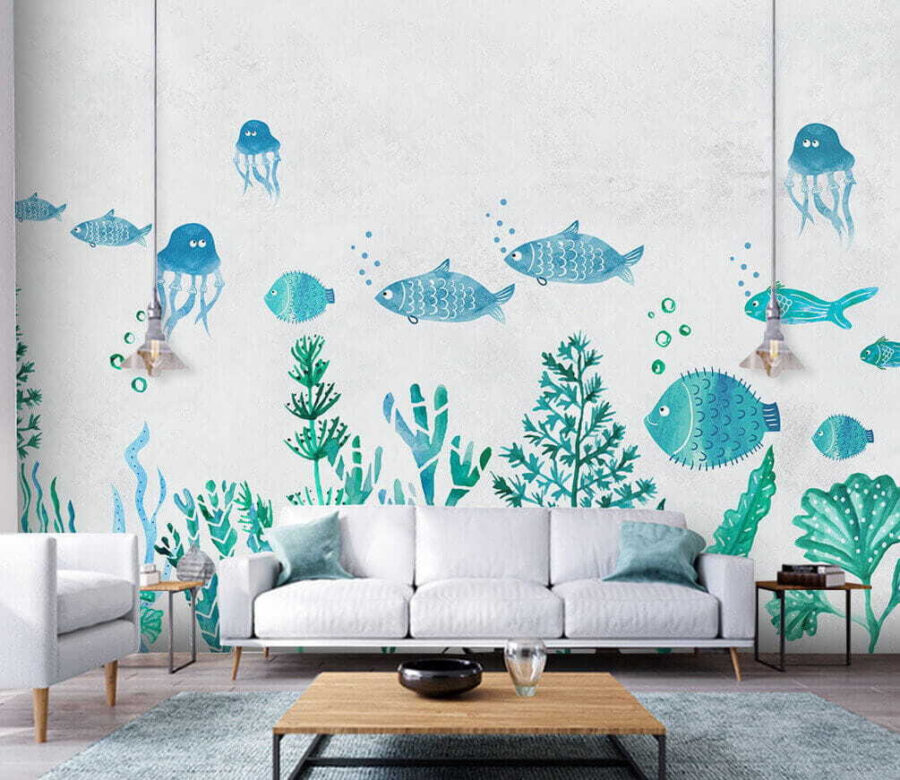 Un groupe de poissons et de méduses