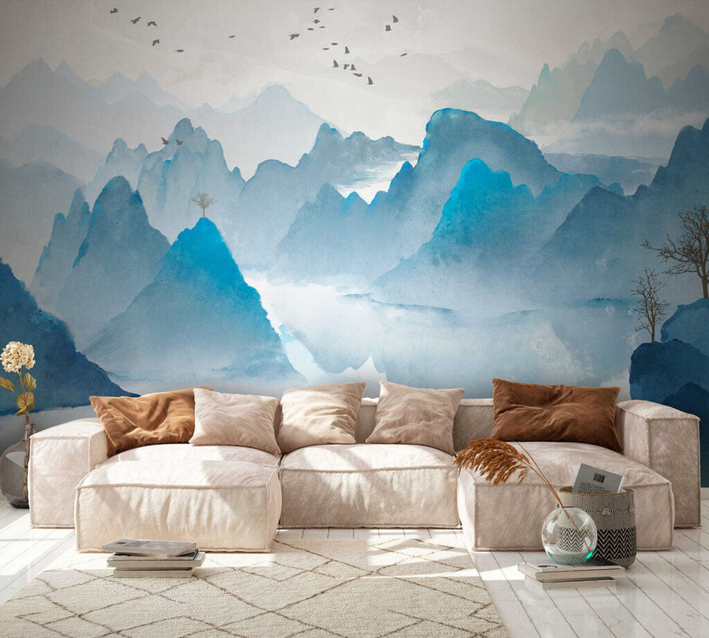 Watercolor painting of mountains and birds Watercolor painting of mountains and birds