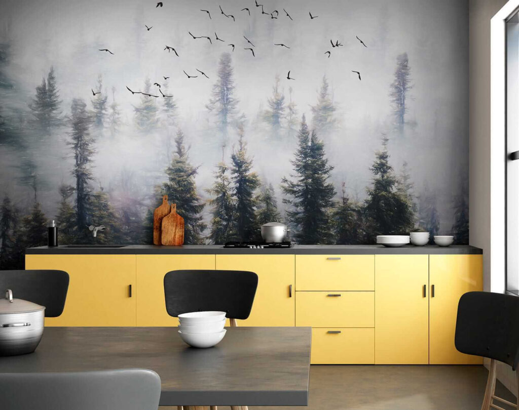 Birds flying in the sky over trees