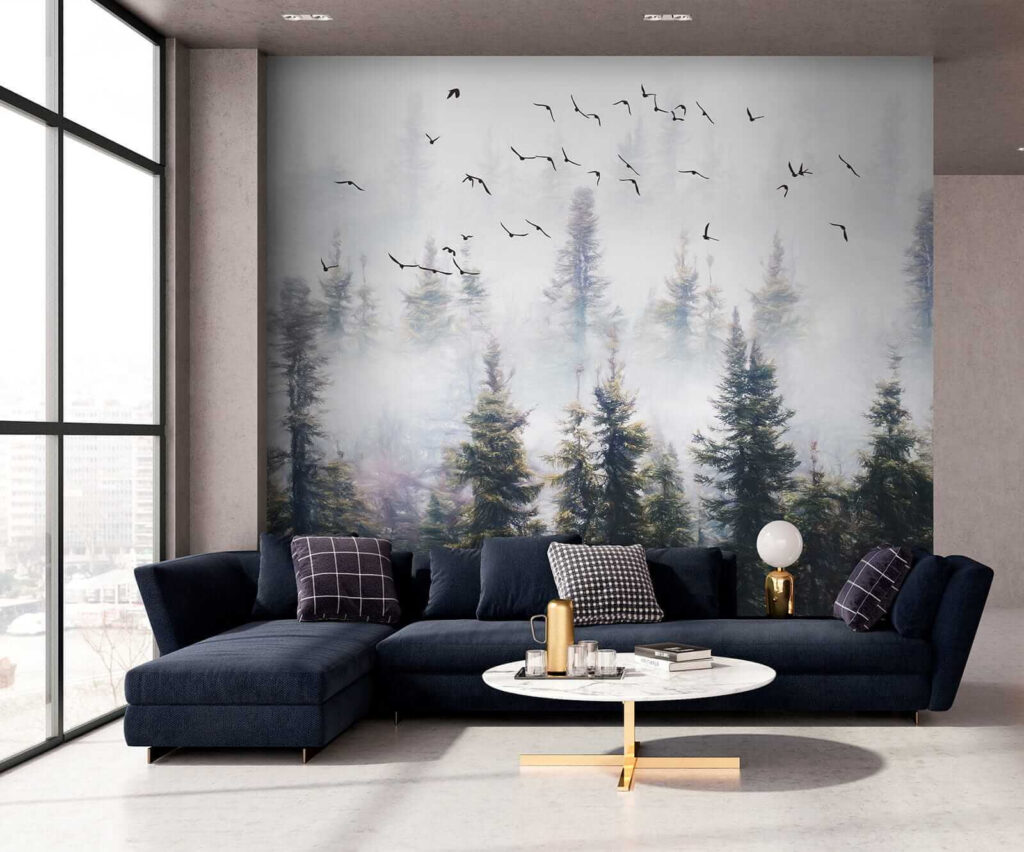 Birds flying in the sky over trees