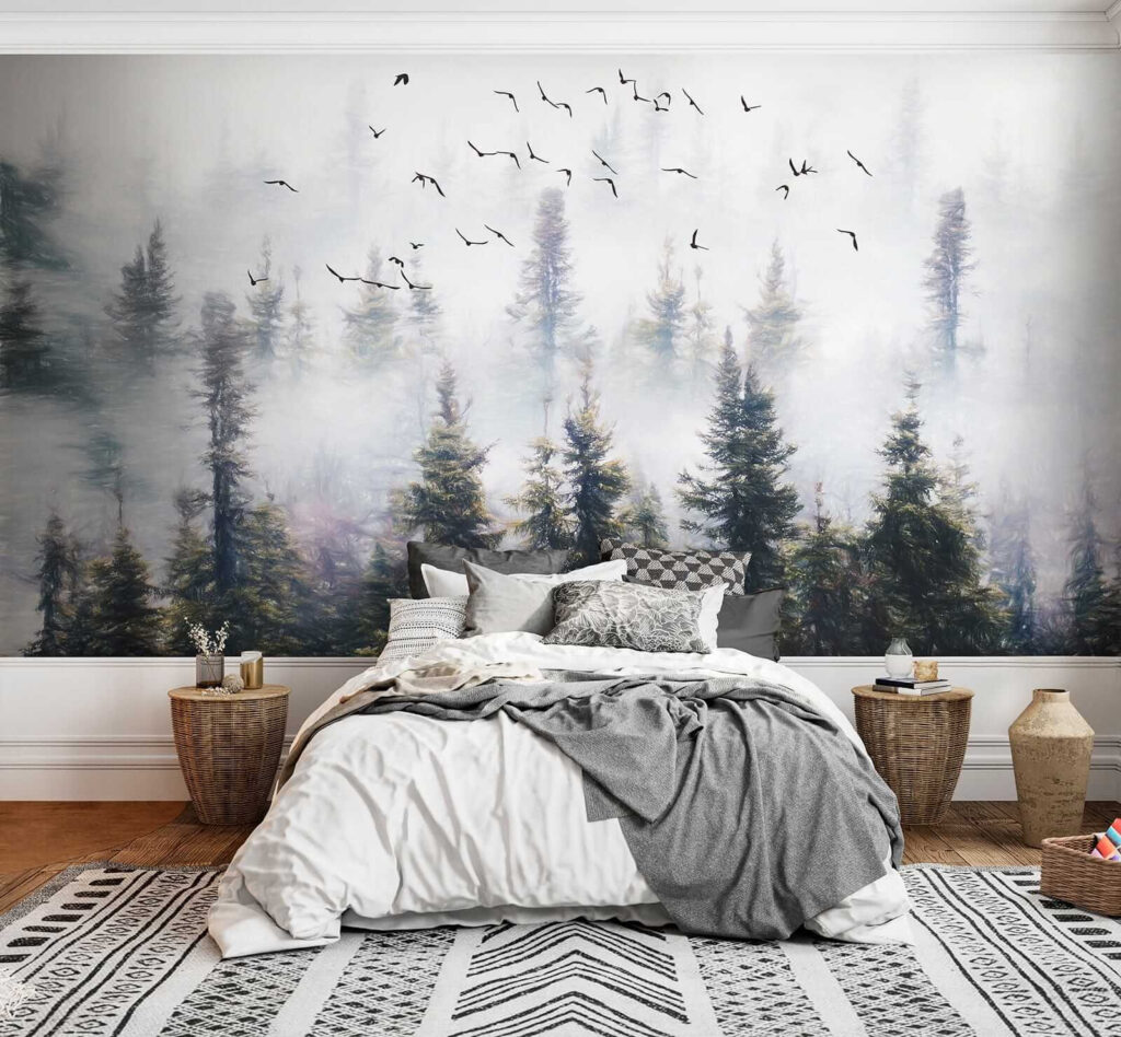 Birds flying in the sky over trees