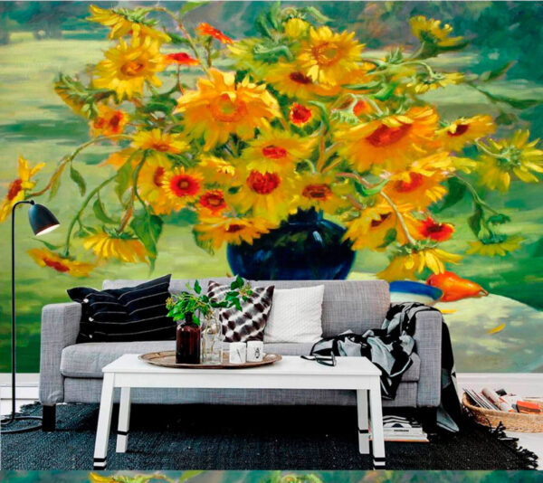 Peinture d'un vase de fleurs jaunes et de fruits Peinture d'un vase de fleurs jaunes et de fruits