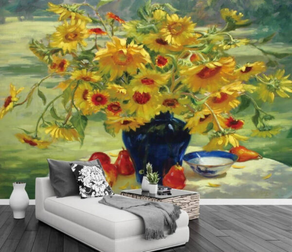 Peinture d'un vase de fleurs jaunes et de fruits Peinture d'un vase de fleurs jaunes et de fruits
