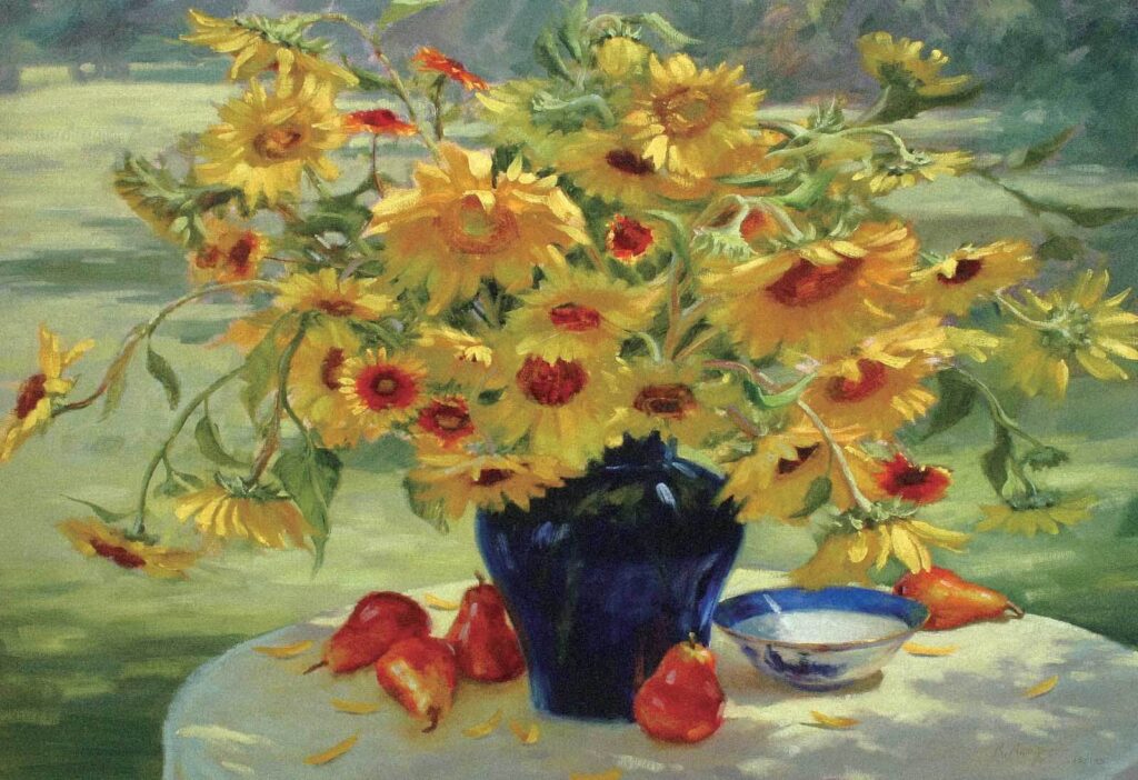 Peinture d'un vase de fleurs jaunes et de fruits Peinture d'un vase de fleurs jaunes et de fruits