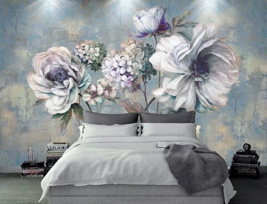 Peinture de fleurs sur fond bleu