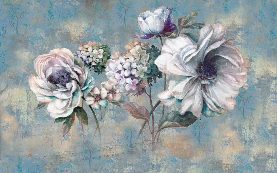 Peinture de fleurs sur fond bleu