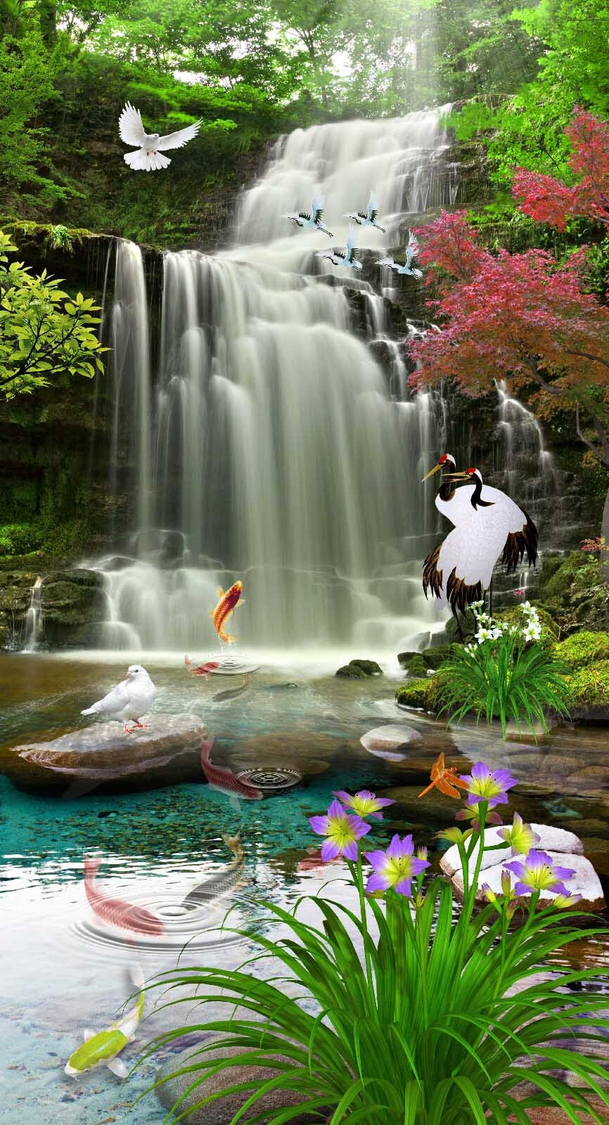 Cascade avec oiseaux et poissons Cascade avec oiseaux et poissons