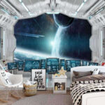 Papier peint Chambre avec moustiquaires et vue sur la terre depuis la fenêtre