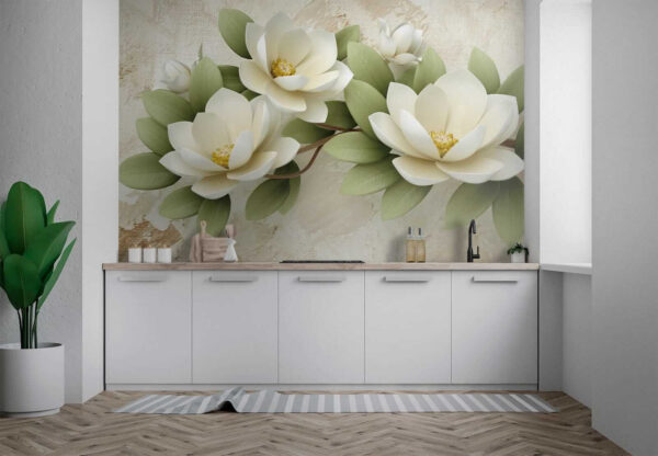 Group of white flowers with green leaves Group of white flowers with green leaves