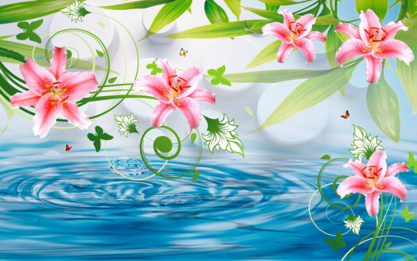 Fleurs roses et feuilles vertes sur l'eau Fleurs roses et feuilles vertes sur l'eau