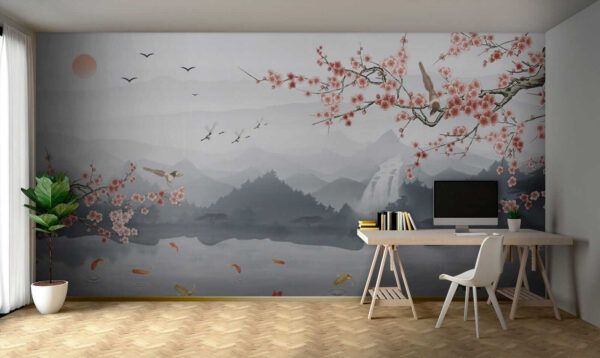 Peinture d'une rivière avec une cascade et des oiseaux Peinture d'une rivière avec une cascade et des oiseaux