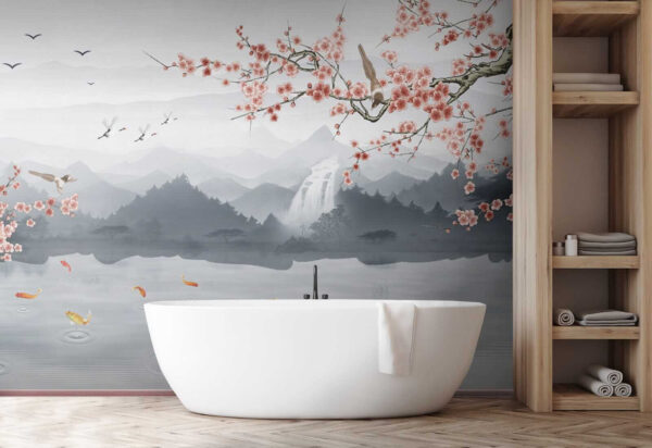 Peinture d'une rivière avec une cascade et des oiseaux Peinture d'une rivière avec une cascade et des oiseaux
