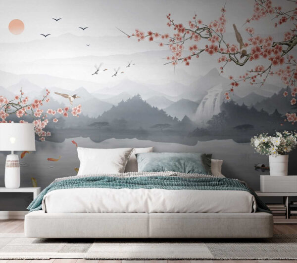 Peinture d'une rivière avec une cascade et des oiseaux Peinture d'une rivière avec une cascade et des oiseaux